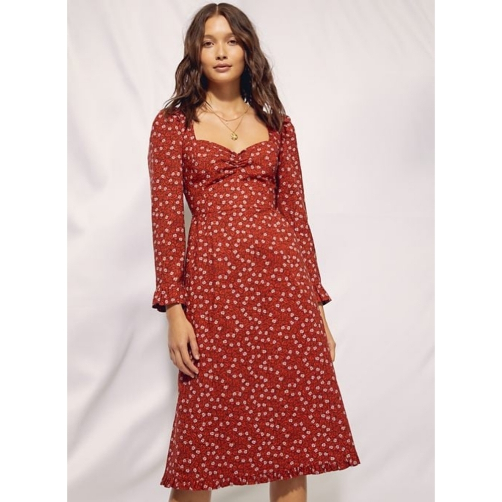 Aritzia Rust Red Floral Long Sleeve Midi Dress